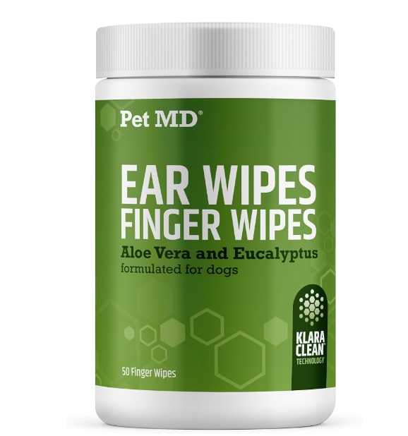 A container of Pet MD ear wipes and finger wipes for dogs, featuring aloe vera and eucalyptus, with packaging indicating 50 finger wipes and Klara Clean technology.