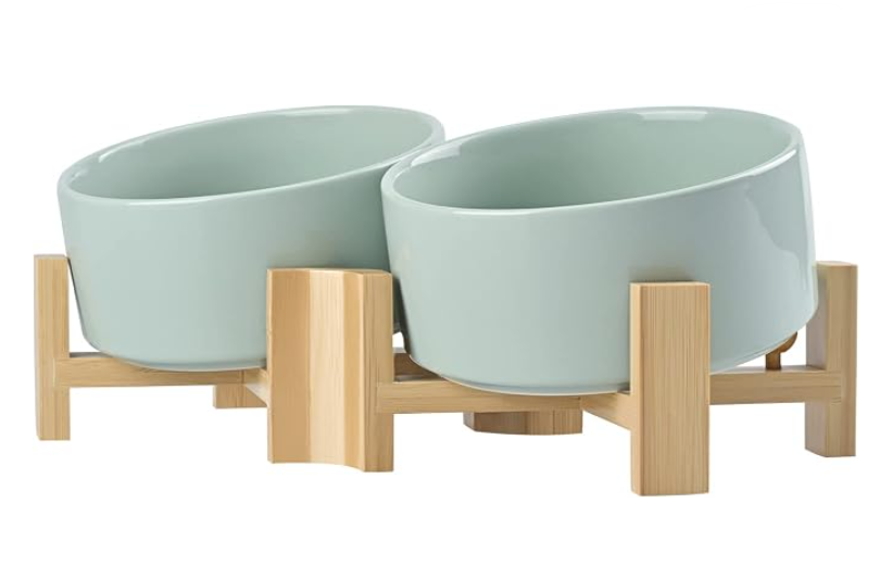 Two light green ceramic pet bowls on a light wood stand.