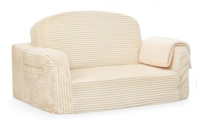 Beige striped upholstered sofa with rolled arms and a matching pillow.