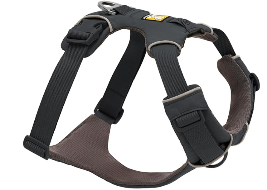 Dog harness with adjustable straps, padded chest and back support, and a metal ring for leash attachment.
