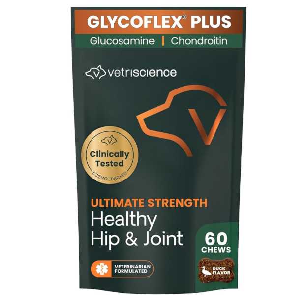 GlycoFlex Plus supplement for healthy hips and joints for dogs, featuring glucosamine and chondroitin, containing 60 duck-flavored chews, veterinarian formulated, clinically tested, with a science-backed logo.