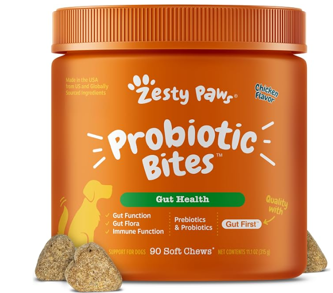 A container of Zesty Paw Probiotic Bites with chicken flavor, designed for dog gut health, surrounded by three soft chew treats.