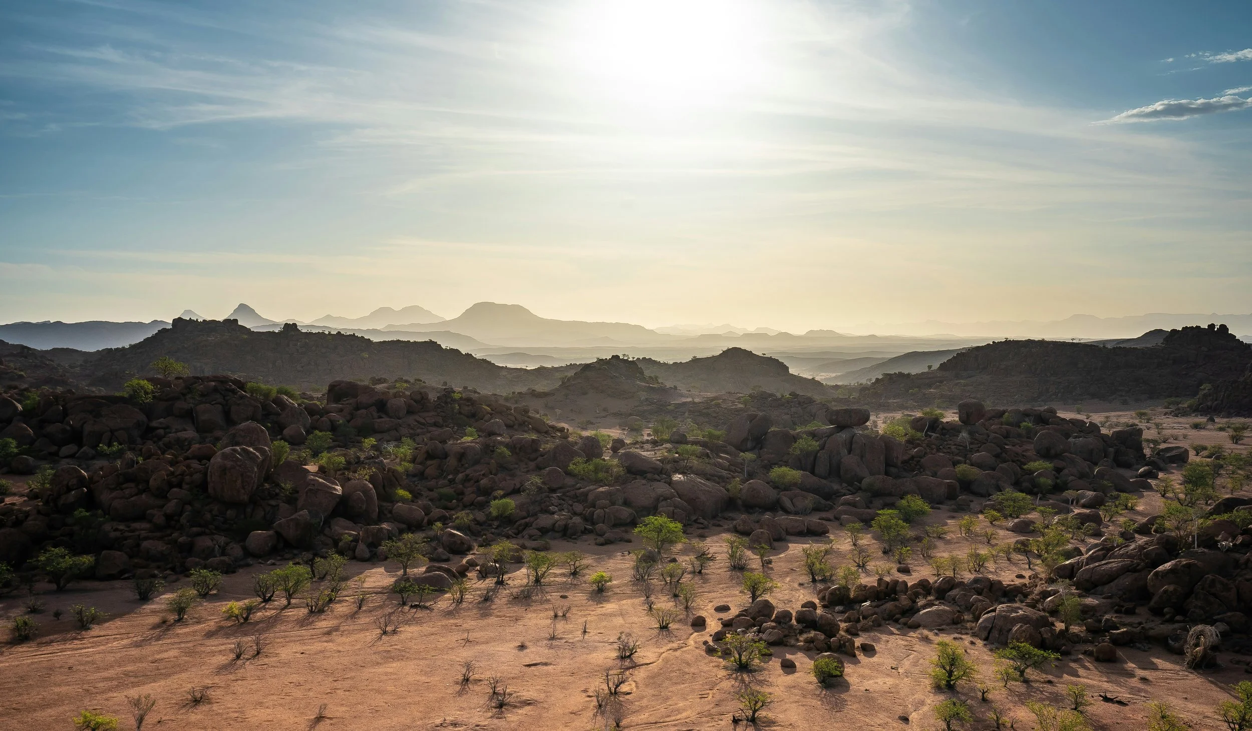 A desert landscape with rocky hills in the background and sparse green bushes across the sandy foreground. The sky is partly cloudy with the sun shining brightly.