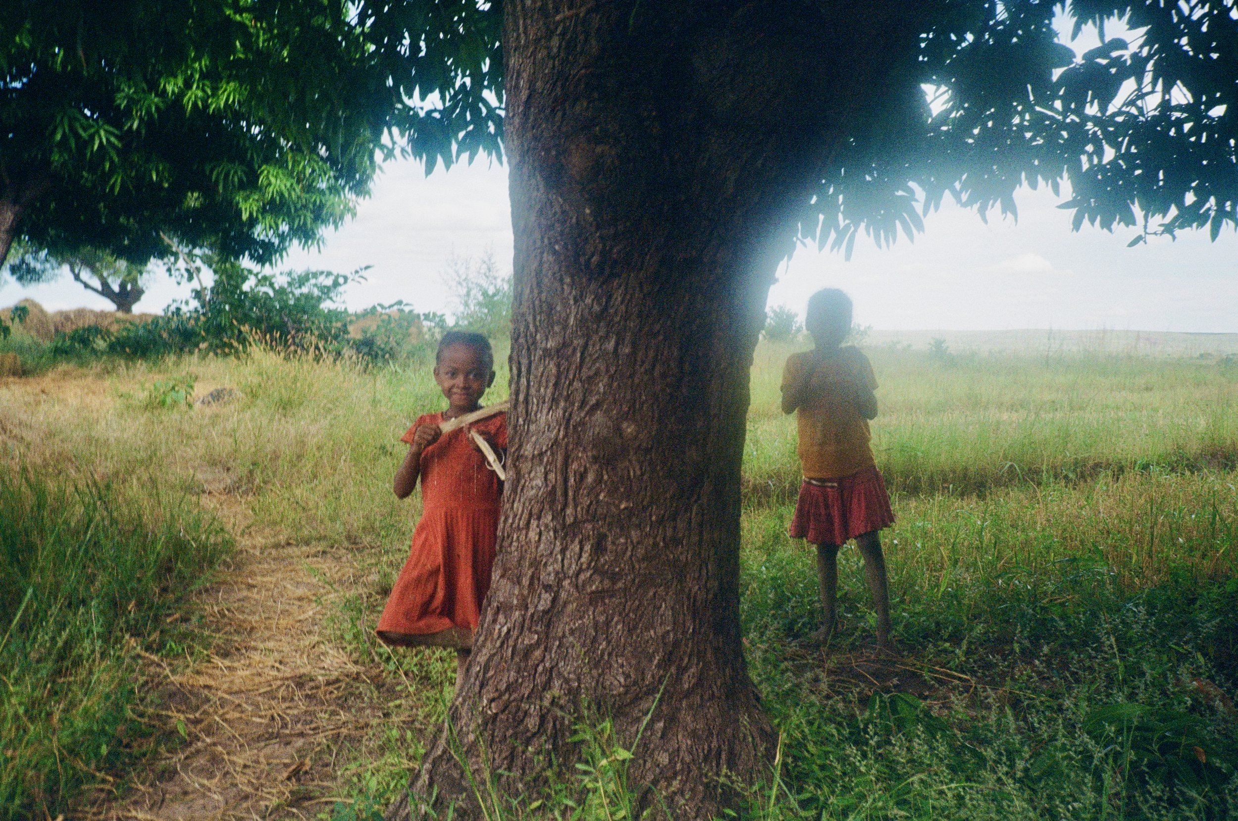 Two children standing near a large tree in a grassy field, with a partly cloudy sky and trees in the background.