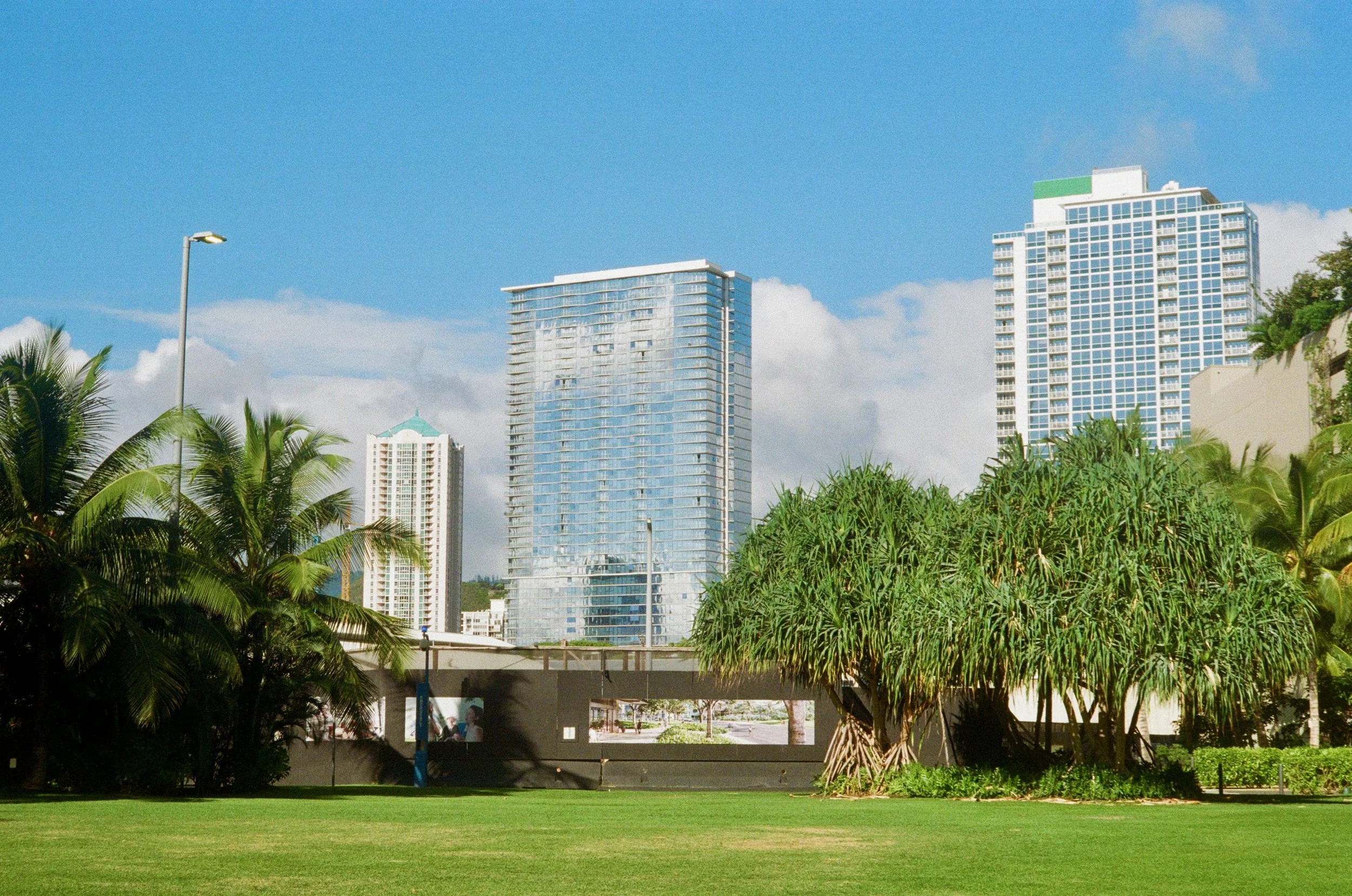 Cityscape with modern high-rise buildings, palm trees, lush green grass, and a blue sky.