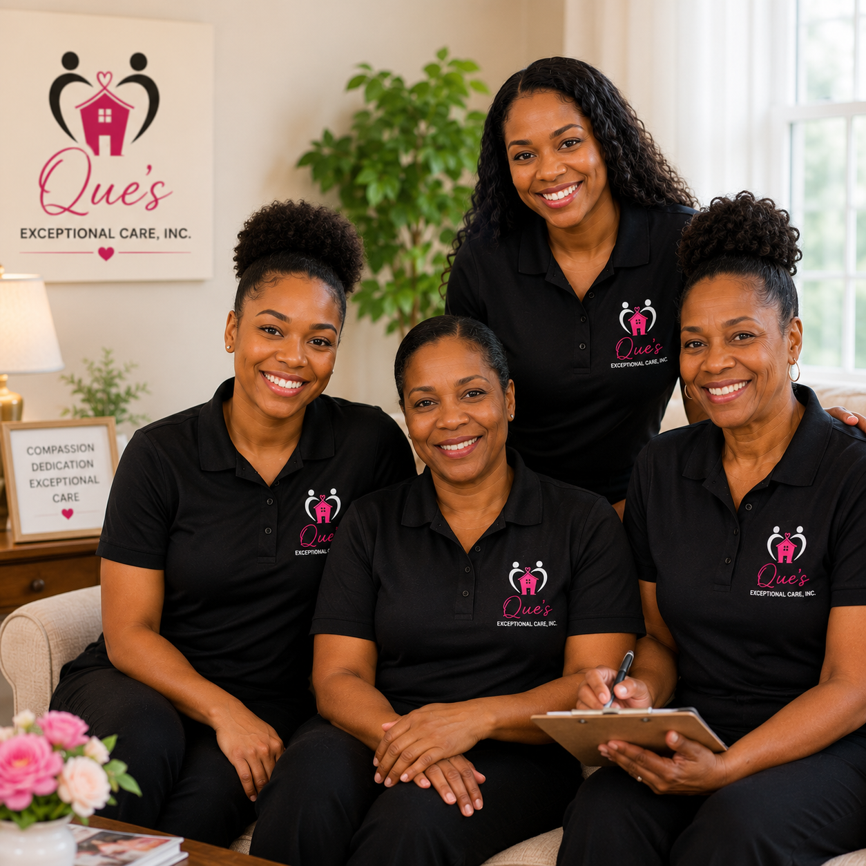 Four women in black shirts with a logo for Que's Exceptional Care, Inc., sitting and standing together in a cozy room with a window, plants, a lamp, and framed signs, smiling at the camera.