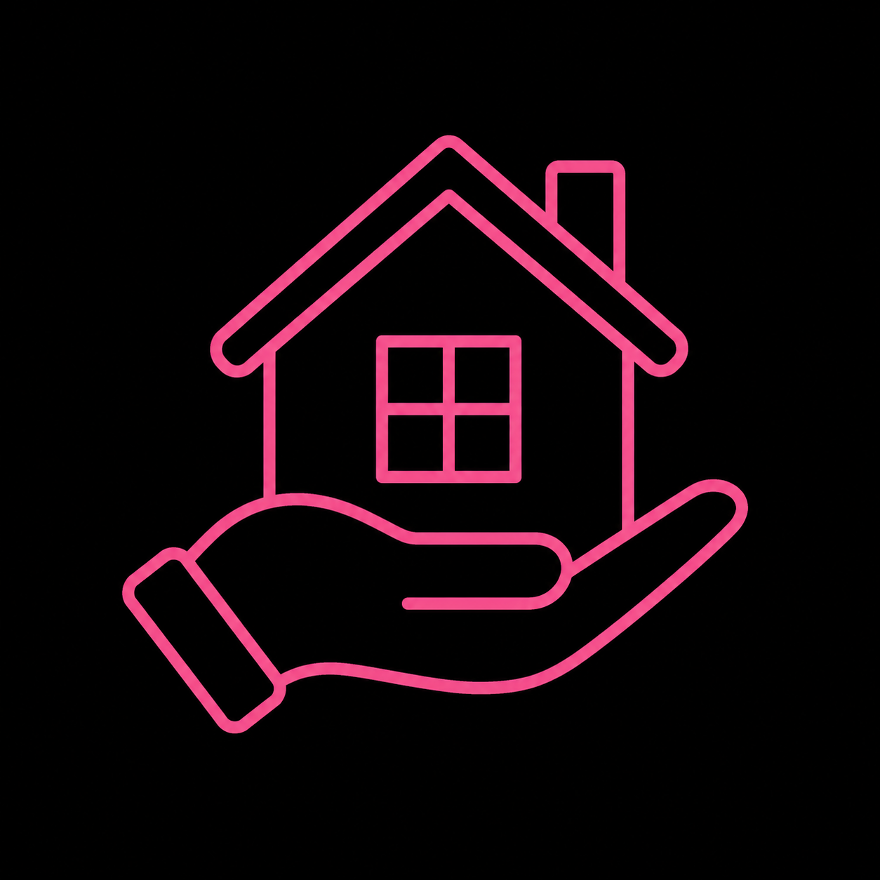 Pink neon outline of a house with a hand supporting it, on a black background.