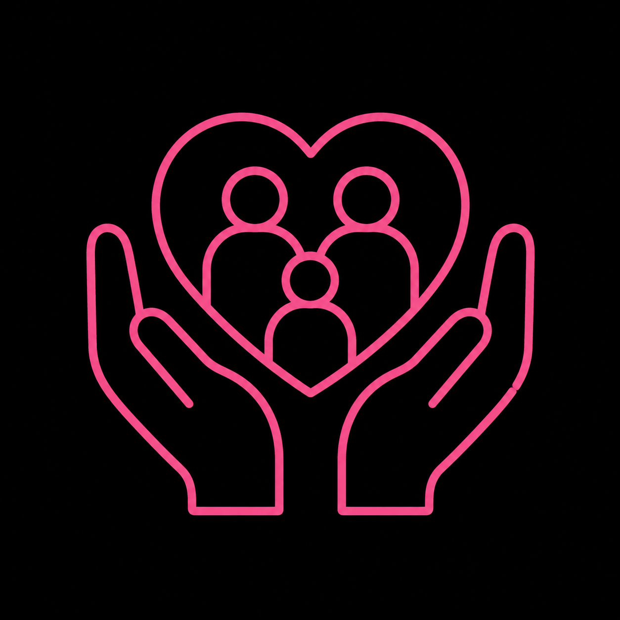 Neon pink outline of two hands holding a heart with three people inside, symbolizing care and community support.