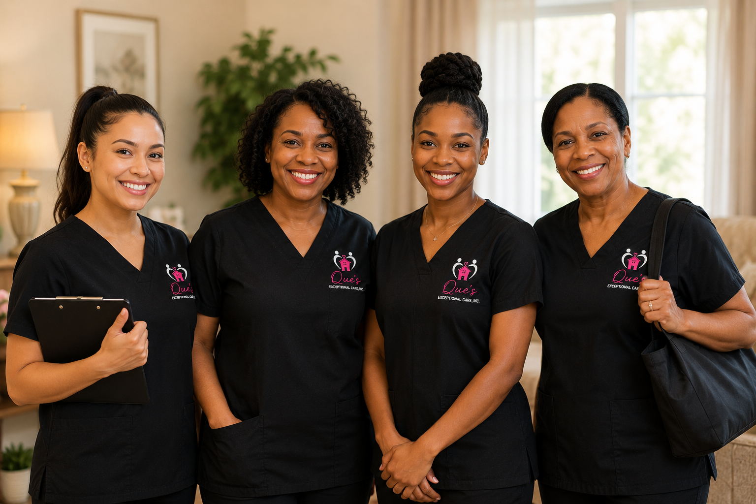 Four women wearing black scrubs with a logo, smiling indoors with a living room setting in the background.