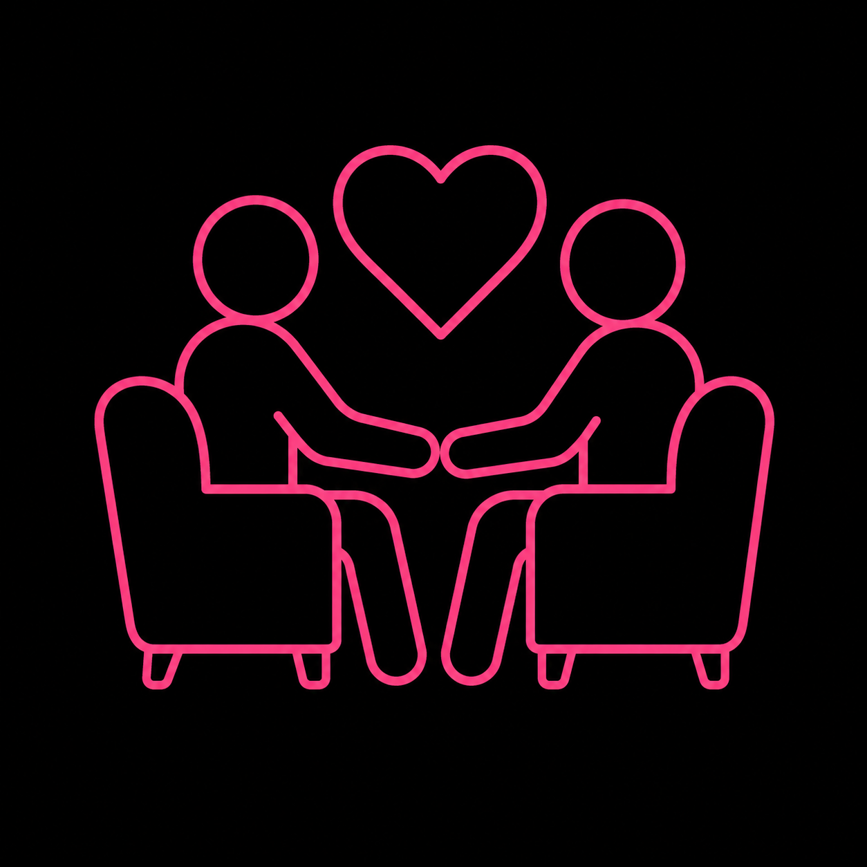 Neon pink outline of two people sitting on armchairs, holding hands across a table, with a heart above them.