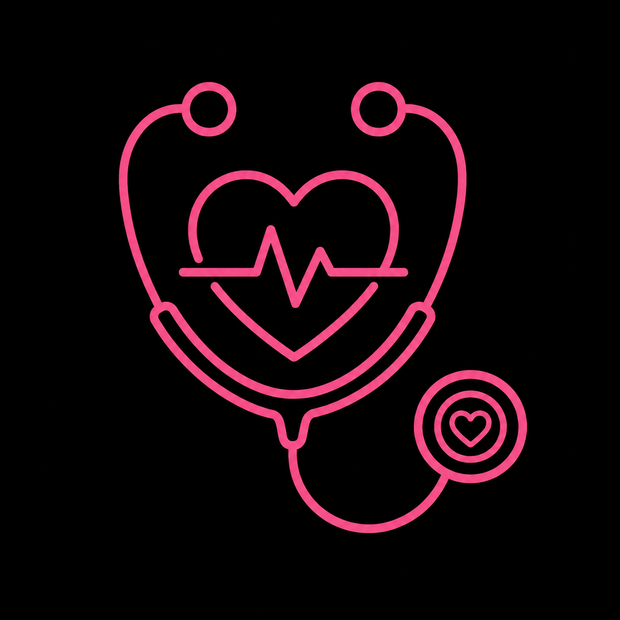 Neon pink outline of a stethoscope with a heart and heartbeat line in the center, and a small circular icon with a heart inside.