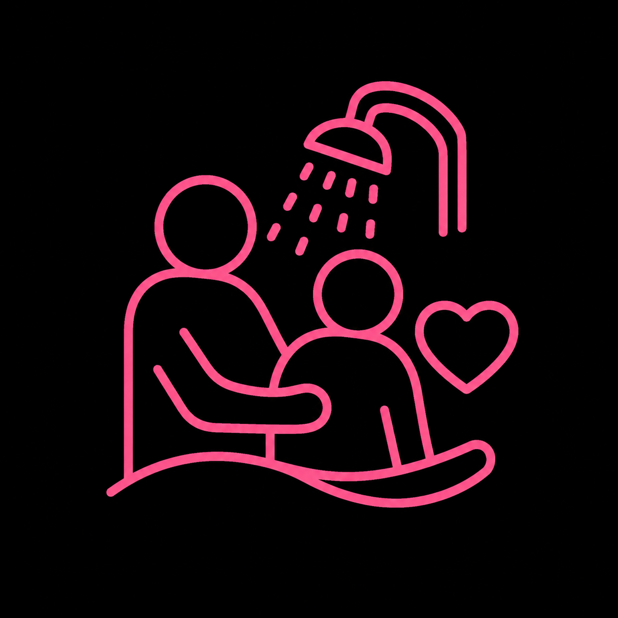 Neon pink line art of two people showering together under a showerhead, with a heart symbol next to them.