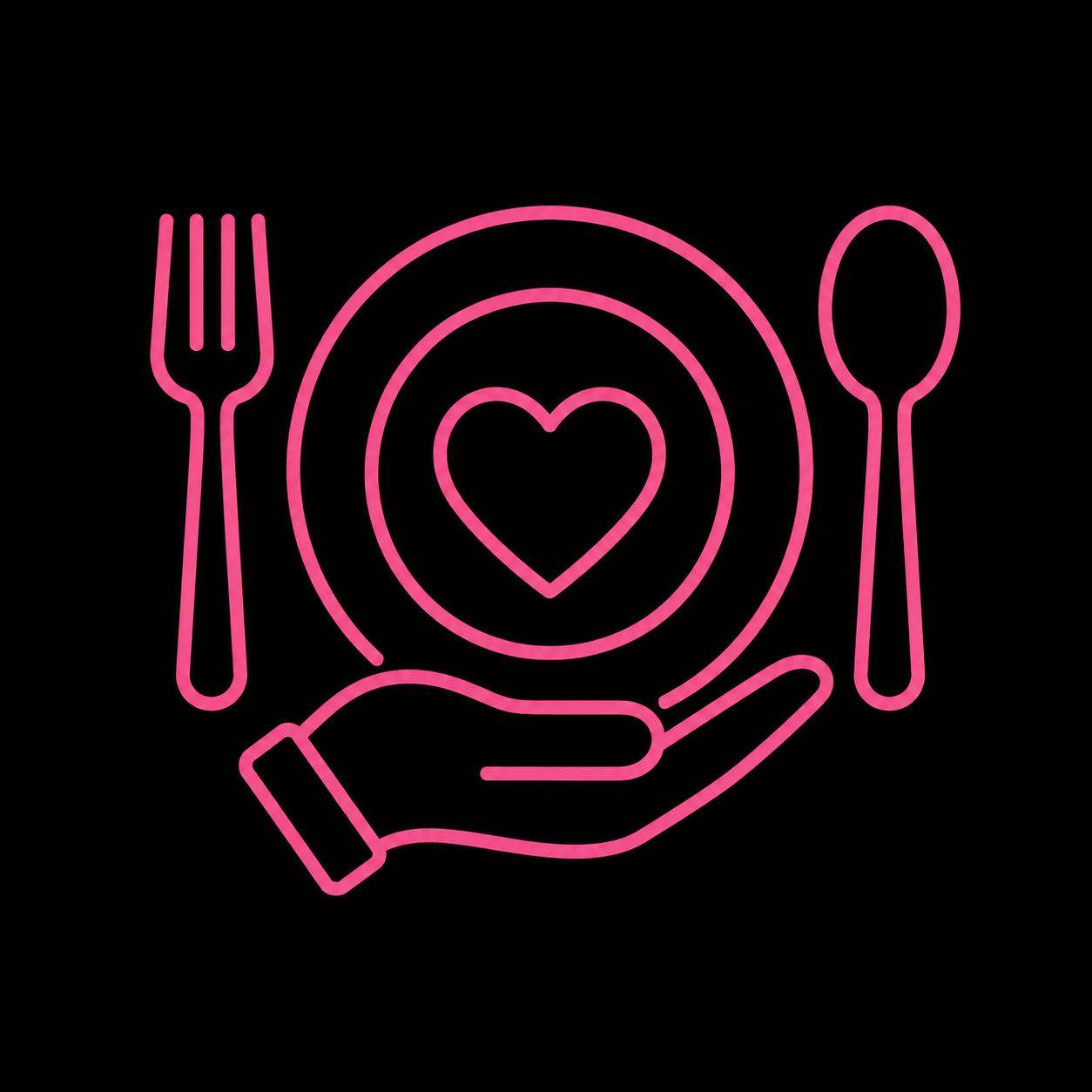Neon pink outline of a hand holding a plate with a heart in the center, flanked by a fork on the left and a spoon on the right, on a black background.