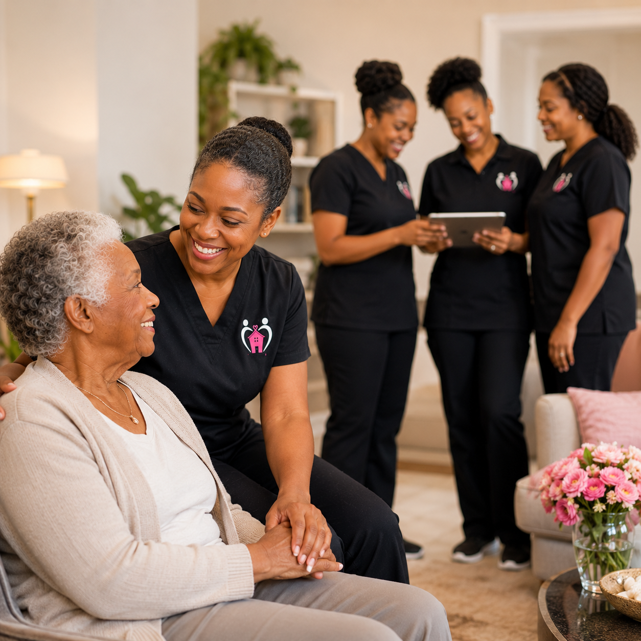 A caregiver smiling at an elderly woman while sitting together in a living room, with three other caregivers in background looking at a tablet and smiling.
