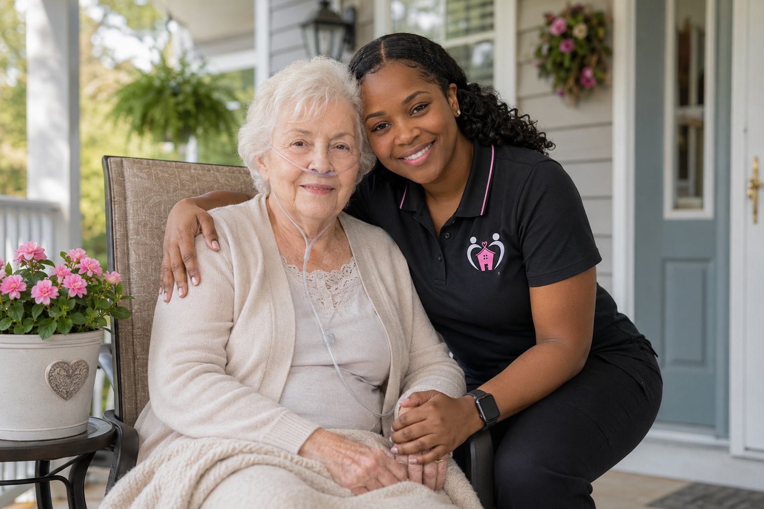 An elderly woman with a nasal oxygen tube and a caregiver smiling together on a porch. The caregiver has her arm around the elderly woman, holding her hand. There are pink flowers in a pot nearby.