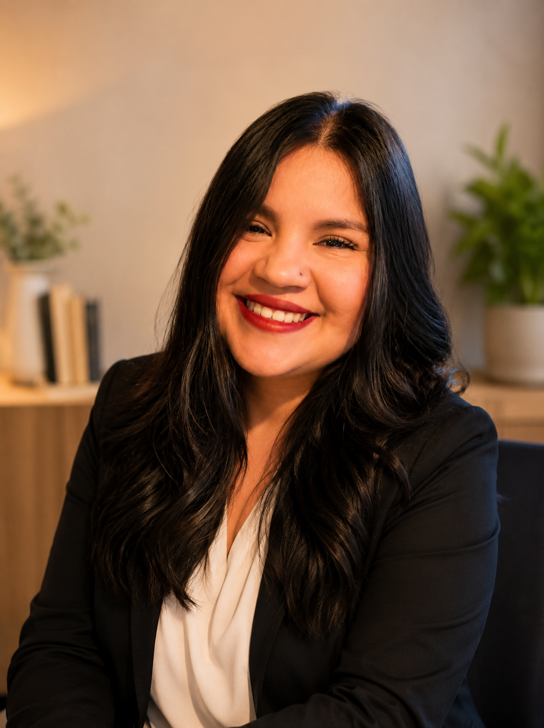 A smiling woman with long black hair, wearing a black blazer and white top, sitting in an indoor setting with a blurred background of books and plants.