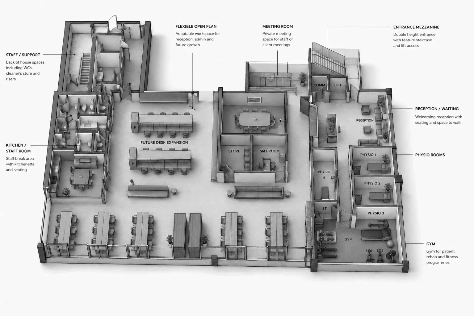 Axonometric sketch floor plan - Physio and Admin department
