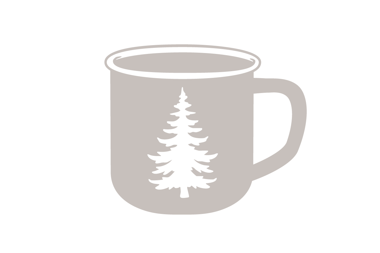 Gray mug with a black silhouette of a pine tree on the front.