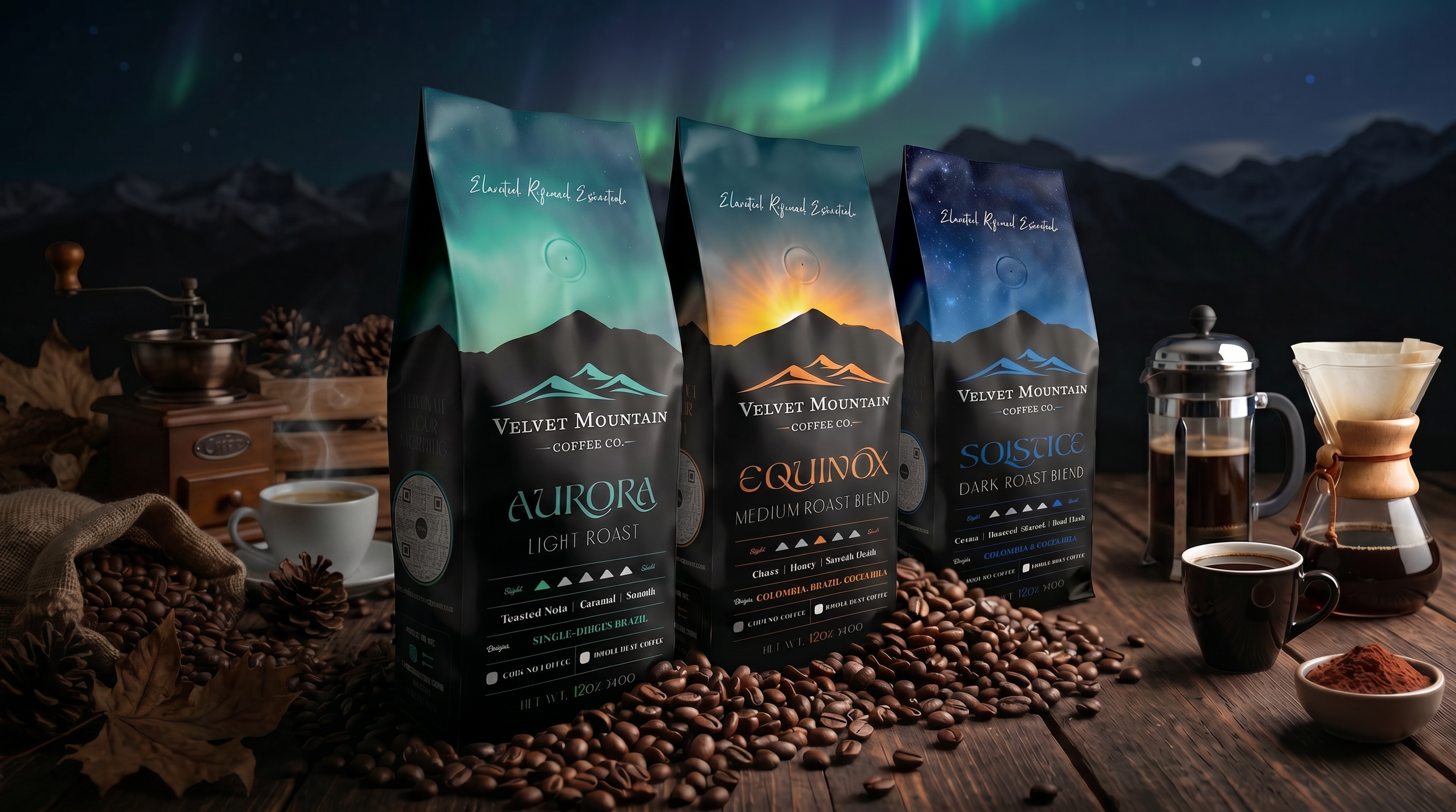 Three bags of Velvet Mountain Coffee, labeled Aurora light roast, Equinox medium roast, and Solstice dark roast, are displayed on a wooden table surrounded by coffee beans, cups of coffee, a manual coffee grinder, and various coffee-making accessories, with an aurora borealis visible in the night sky in the background.