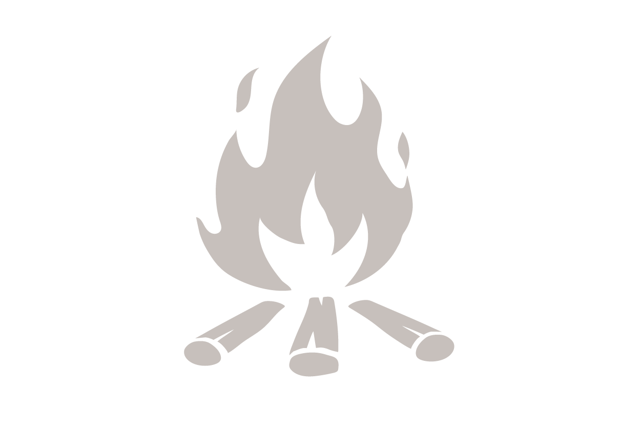 A stylized black and gray icon of a campfire with flames and logs.