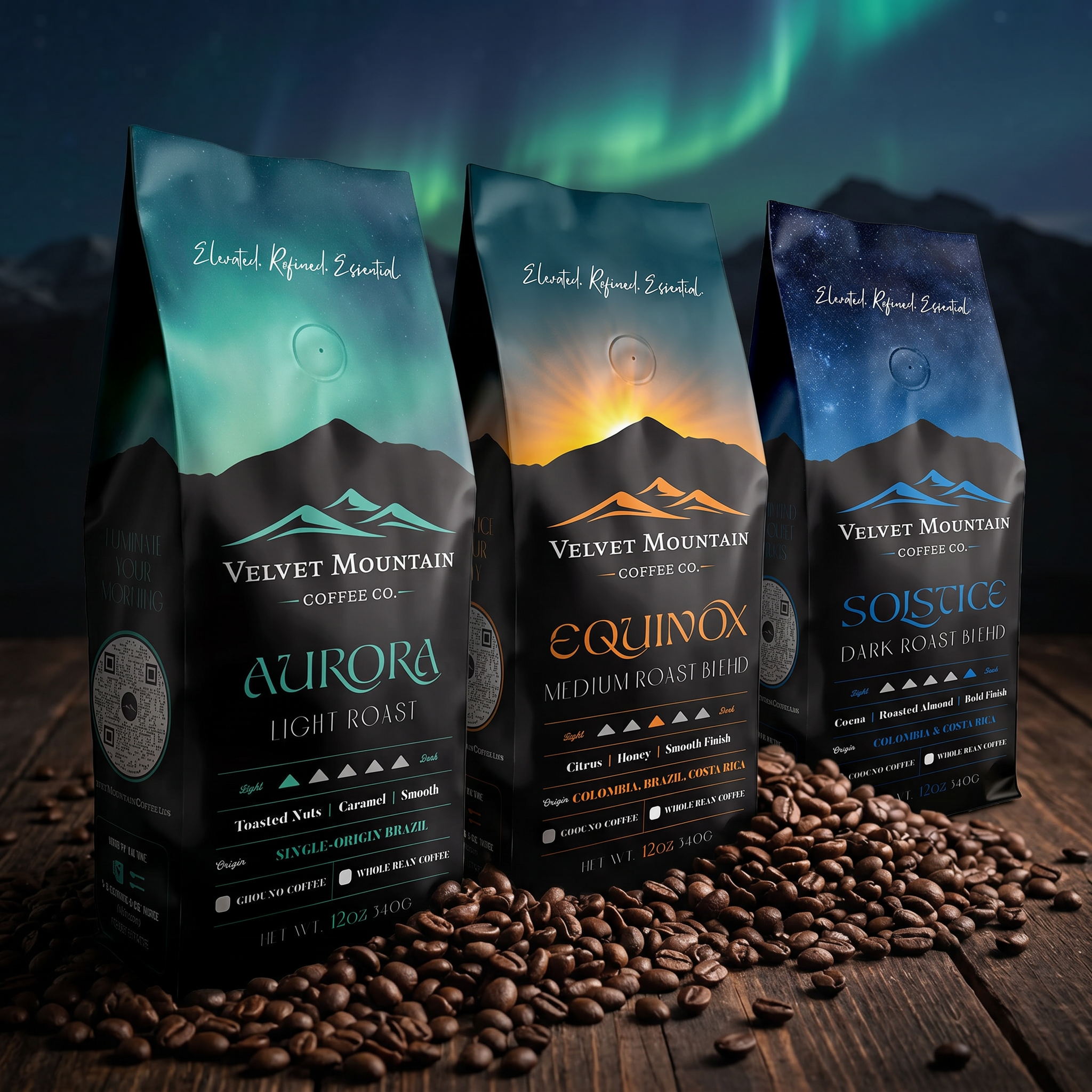 Three bags of Velvet Mountain coffee, labeled Aurora, Equinox, and Solstice, are placed on a wooden surface surrounded by scattered coffee beans with an aurora borealis visible in the night sky above.