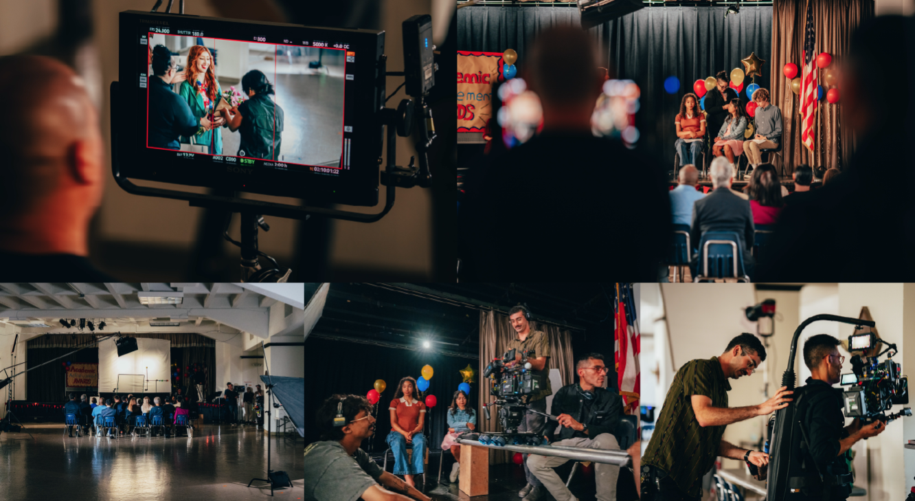 Scenes from a recording of a school talent show or awards ceremony, including a behind-the-scenes shot of the video crew, student performers on stage, and an audience watching.