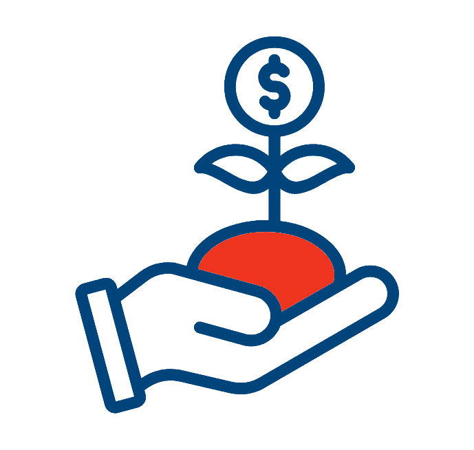 A stylized illustration of a hand holding a red seed with a sprouting plant, where the plant's top has a dollar sign inside a circle.