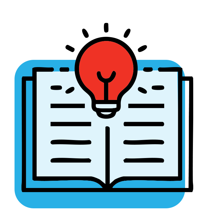Open book with a red lightbulb above it, symbolizing ideas or knowledge.