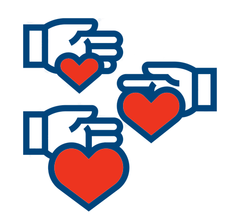 Three stylized hands holding red hearts against a black background.