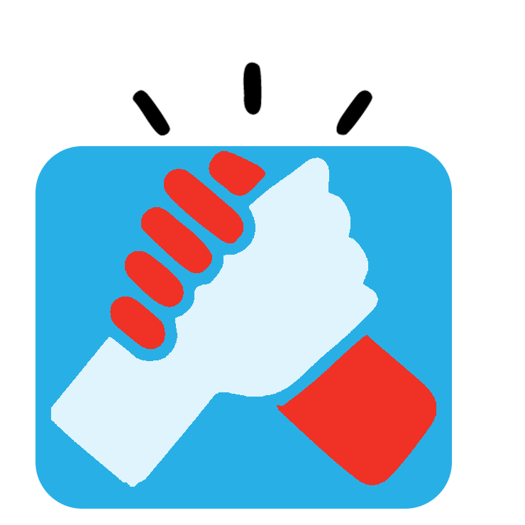 A graphic of a hand holding a bottle with a red cap, set against a blue background.