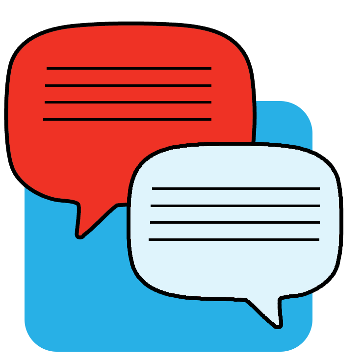 Two overlapping speech bubbles, one red and one white, with black lines representing text, placed over a blue background.