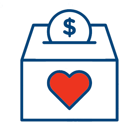 A donation box with a heart symbol on the front and a coin with a dollar sign being inserted.