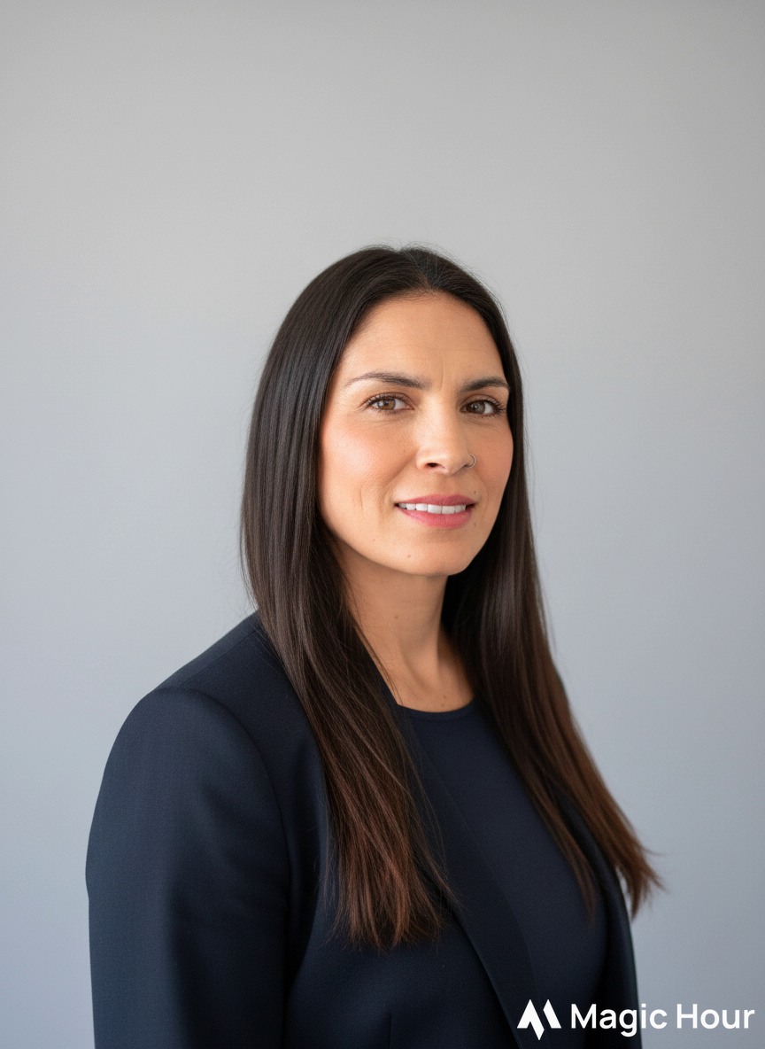A woman with long dark hair, wearing a navy blazer and a dark top, looking at the camera with a slight smile against a light gray background.
