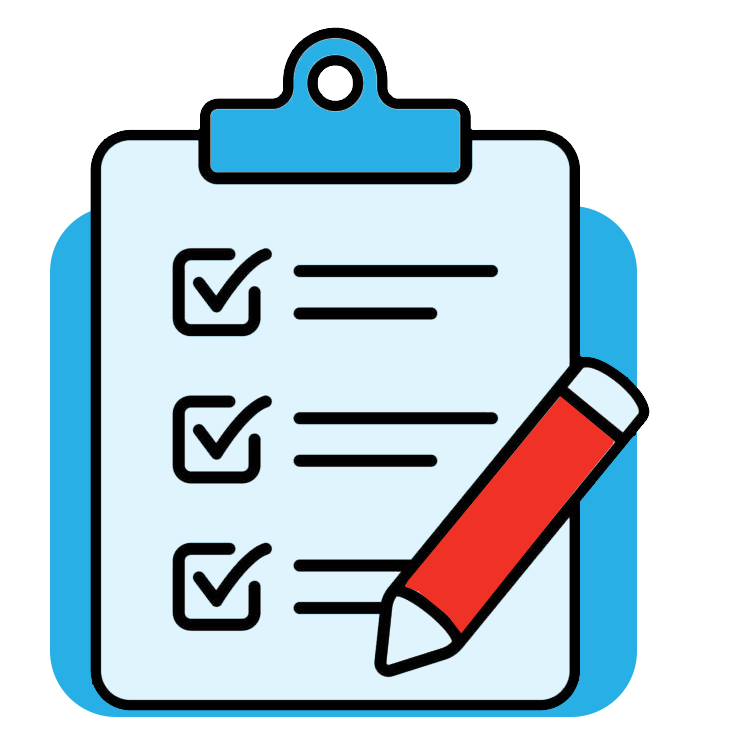 A clipboard with a checklist and three checkmarks, accompanied by a red pencil.