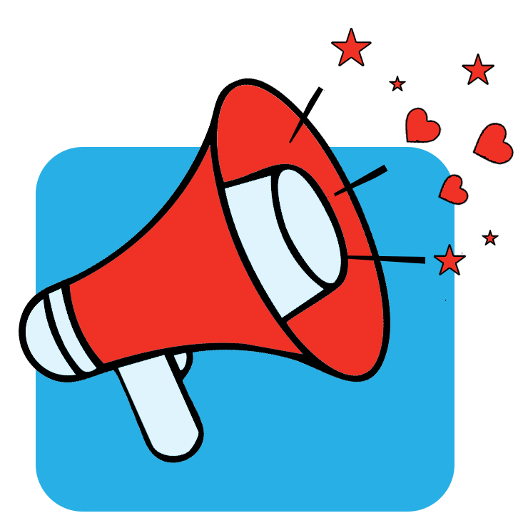 A cartoon illustration of a red megaphone with hearts and stars coming out of it, set against a blue background.