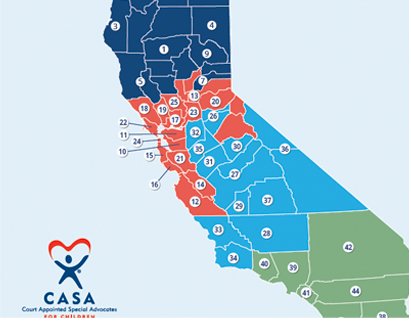 Map of California with counties shaded in blue, red, and green, representing different regions for Court Appointed Special Advocates (CASA).