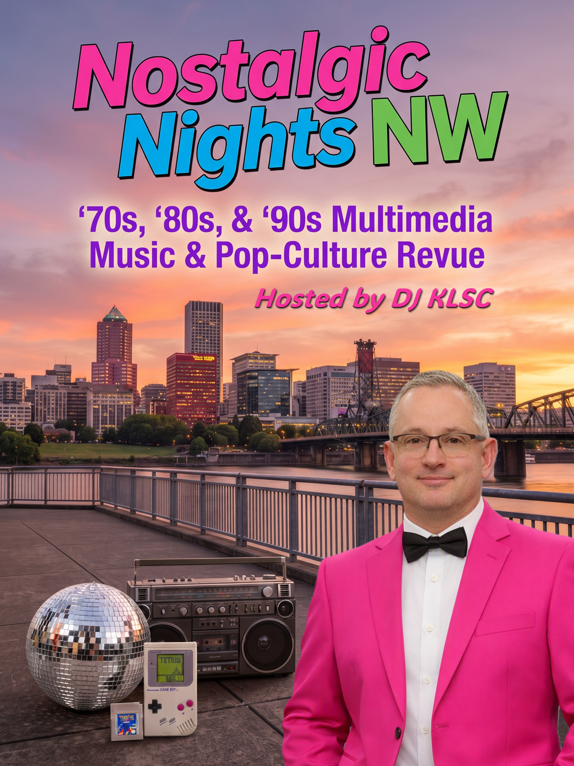 Poster for 'Nostalgic Nights NW' event with a city skyline at sunset, a man in a bright pink suit and bow tie, retro music equipment including a boombox, disco ball, and gaming console on the ground.