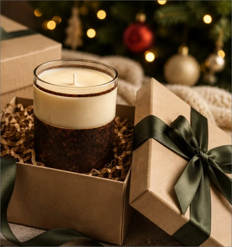 A boxed gift with a black ribbon, containing a large candle with a white top and dark base, placed under a decorated Christmas tree.
