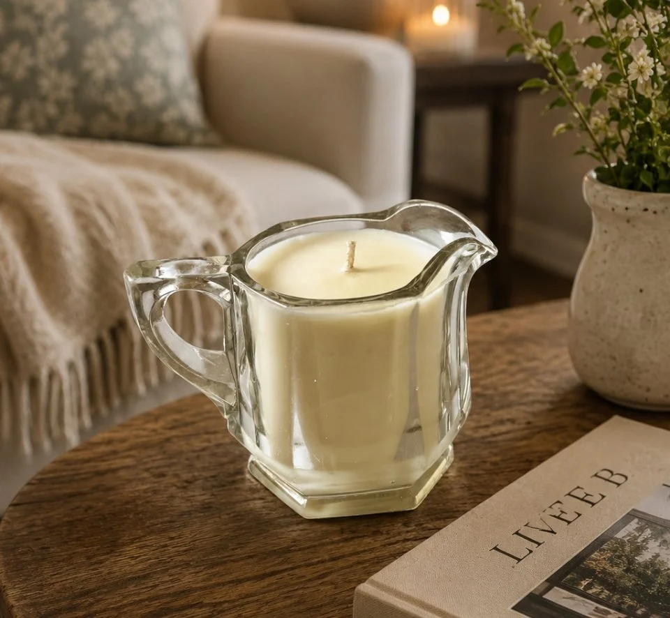 A white candle in a clear glass pitcher on a wooden table, with a flower vase and a book nearby in a cozy living room.