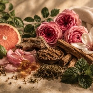 A still life arrangement with pink roses, citrus slices, herbs, and various herbs and spices on a beige surface.