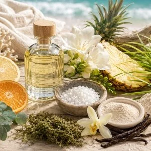 Spa setting with a bottle of essential oil, white flowers, pineapple, salt, sugar, lemon, green leaves, and a white lily on a natural stone surface, suggesting a relaxing or skincare theme.