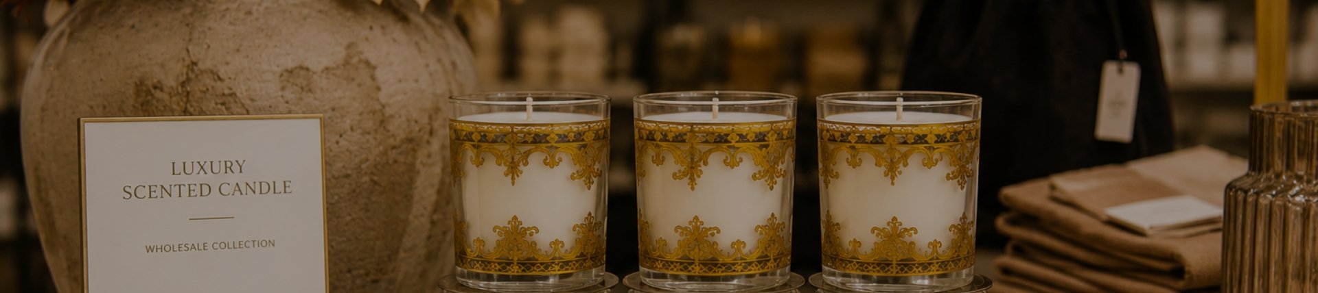 Three white candles with gold decorative designs in glass holders on a store display, with a beige vase and folded cloths nearby.