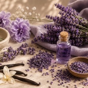 Lavender flowers, a small bottle of lavender essential oil, and dried lavender on a beige surface with a purple cloth in the background.