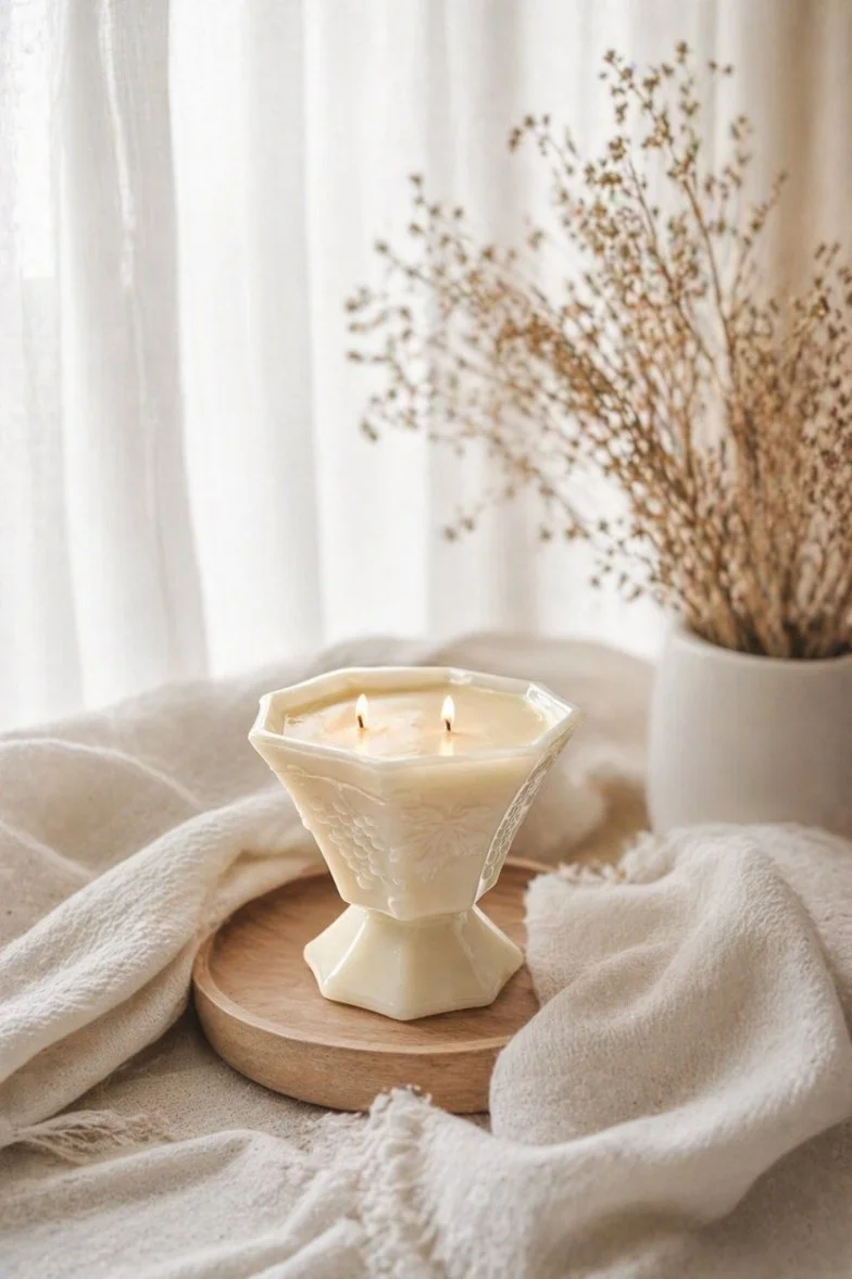 Cream-colored candle with two flames on a wooden tray surrounded by light fabric, with a vase of dried flowers in the background.