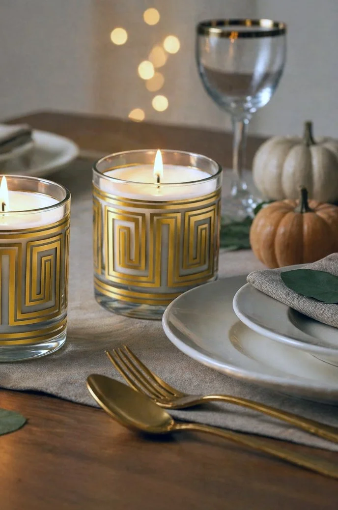 A cozy autumn table setting with lit candles in gold and clear glass holders, white and orange pumpkins, a glass of water, and gold cutlery on a beige tablecloth.