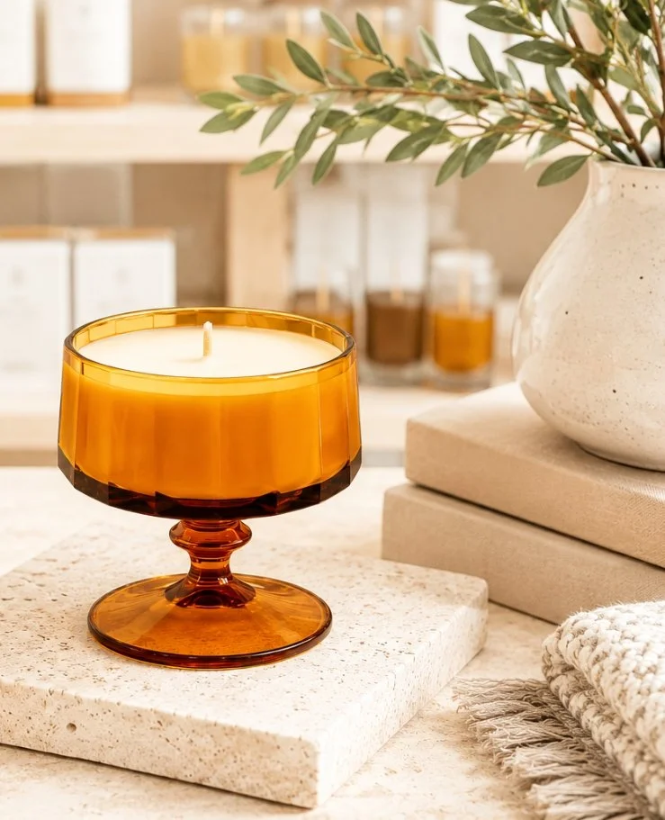 Decorative candle holder with a white candle, placed on a textured beige surface, surrounded by a white vase with green leaves, folded cloth, and storage jars in the background.