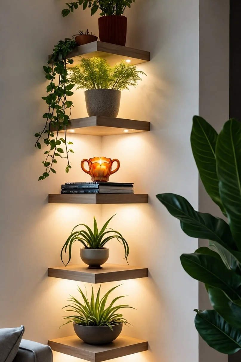 Wall-mounted wooden shelves decorated with potted plants and a ceramic lamp, with ambient lighting and greenery in a cozy interior space.