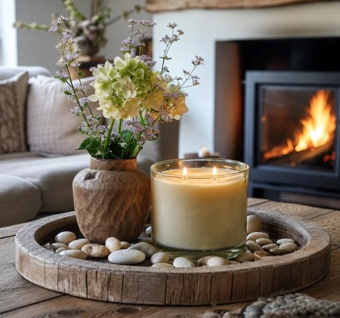 A cozy living room scene with a wooden tray holding a vase of flowers, a lit candle, and decorative pebbles in front of a fireplace.