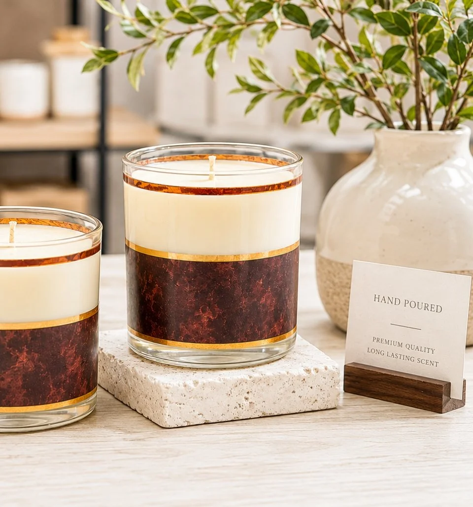 Two hand-poured candles with cream-colored wax and dark maroon label sitting on a white textured stone on a wooden surface. A nearby white vase contains a leafy green plant, and a small sign reads 'Hand Poured, Premium Quality, Long Lasting Scent'.