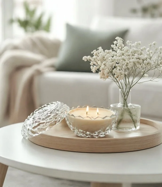 A decorative setup on a round wooden tray with a lit two-wick candle in a cut glass bowl, a glass jar of white flowers, and a textured glass lid, placed on a white table in a cozy, softly lit living room.